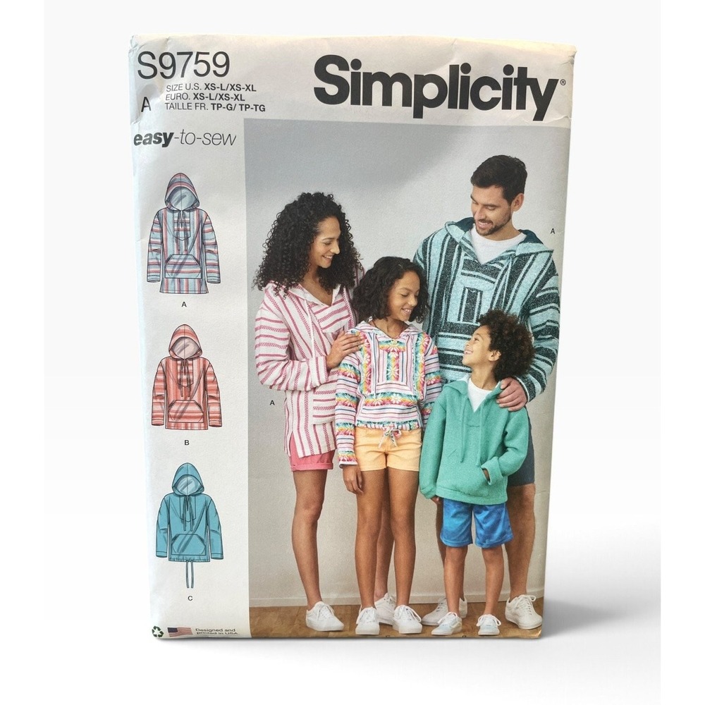 Simplicity S9759 Sewing Pattern Unisex XS-XL Hoodie Sweatshirt Easy-to-Sew